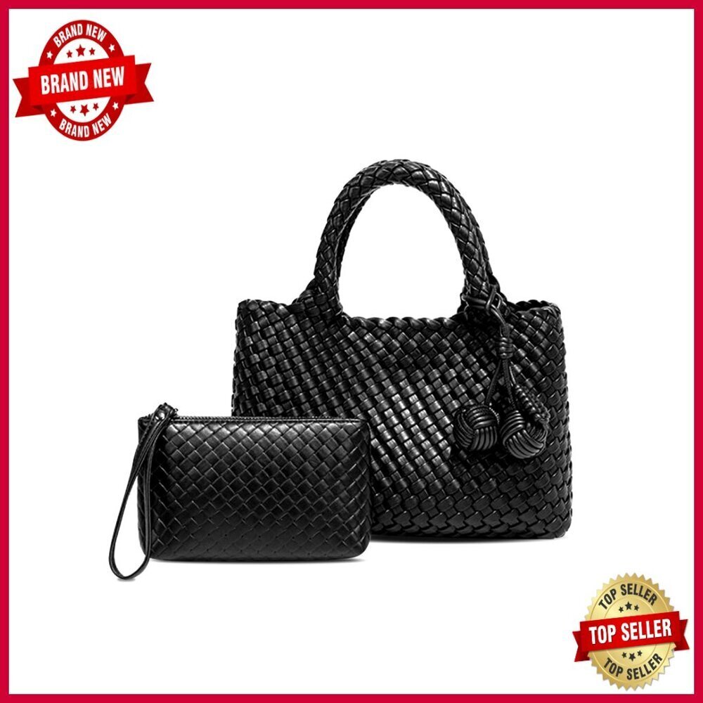 Leather Woven Tote Bag with Clutch, Adjustable Strap, Hobo Style